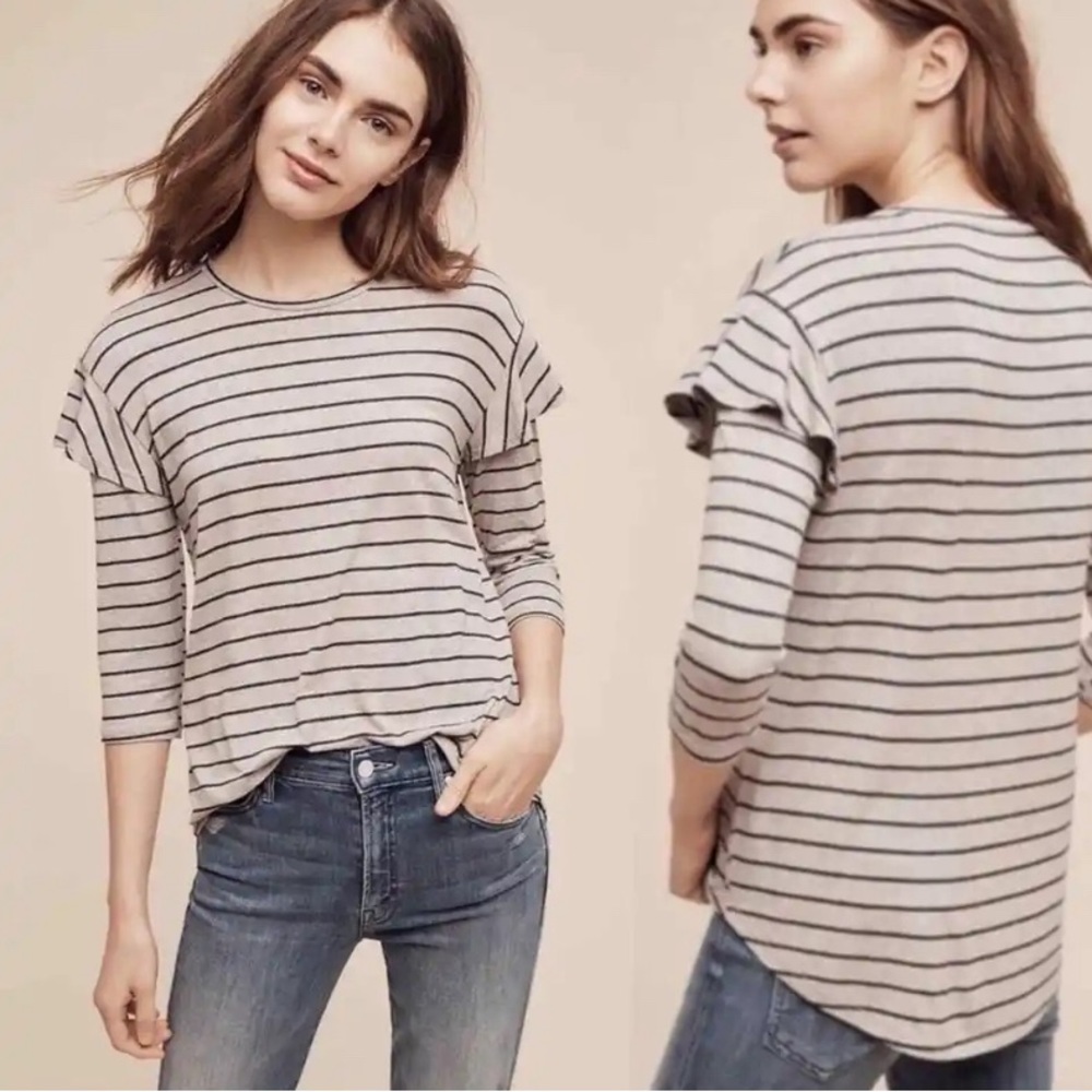 Dolan by Anthropologie Grey Binney Ruffle Striped Top Size XS
